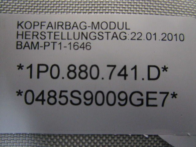 KOPFAIRBAG LINKS OEM N. 1P0880741D GEBRAUCHTTEIL SEAT LEON 1P1 (2005 - 2012) BENZINA/GPL HUBRAUM 16 JAHR. 2010