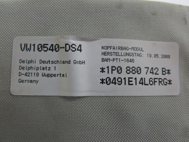 KOPFAIRBAG RECHTS OEM N. 1P0880742B GEBRAUCHTTEIL SEAT LEON 1P1 (2005 - 2012) DIESEL HUBRAUM 19 JAHR. 2008