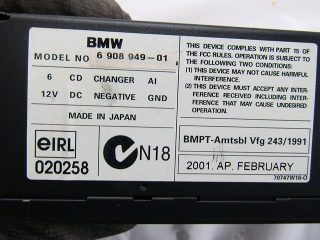 CD WECHSLER OEM N. 6908949 GEBRAUCHTTEIL BMW SERIE X5 E53 (1999 - 2003)BENZINA HUBRAUM 30 JAHR. 2001