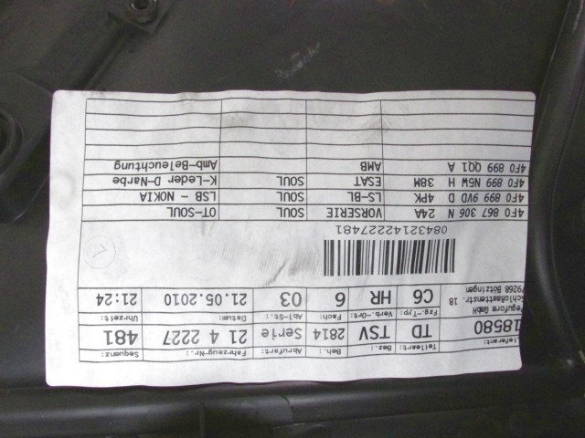 LEDERRUCKWAND OEM N. 30380 PANNELLO INTERNO POSTERIORE PELLE GEBRAUCHTTEIL AUDI A6 C6 4F2 4FH 4F5 RESTYLING BER/SW/ALLROAD (10/2008 - 2011) DIESEL HUBRAUM 30 JAHR. 2011
