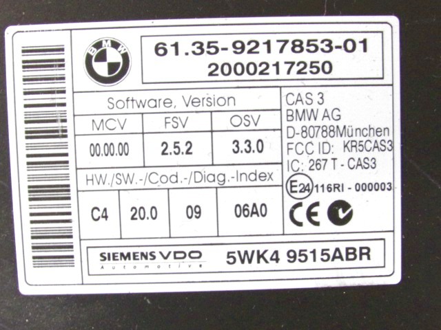 KIT ACCENSIONE AVVIAMENTO OEM N. 58252 KIT ACCENSIONE AVVIAMENTO GEBRAUCHTTEIL BMW SERIE 1 BER/COUPE/CABRIO E81/E82/E87/E88 LCI RESTYLING (2007 - 2013) DIESEL HUBRAUM 20 JAHR. 2010