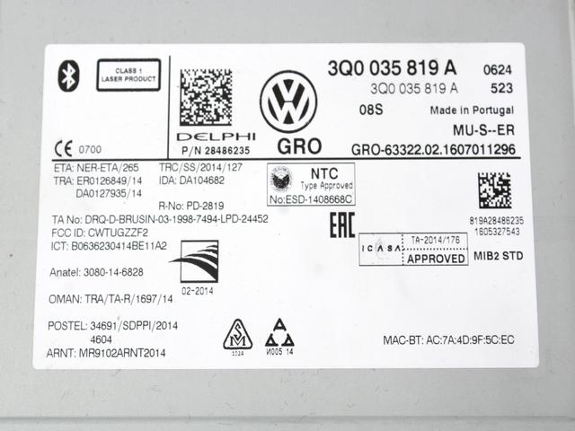 3Q0035819A CENTRALINA AUTORADIO LETTORE CD VOLKSWAGEN GOLF SPORTSVAN 1.6 D 81KW 5M 5P (2016) RICAMBIO USATO