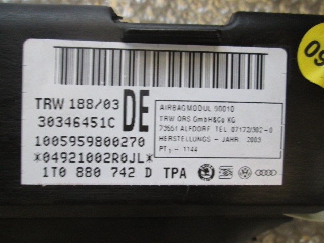 KOPFAIRBAG RECHTS OEM N. 1T0880742 GEBRAUCHTTEIL VOLKSWAGEN TOURAN 1T1 (2003 - 11/2006) DIESEL HUBRAUM 19 JAHR. 2004